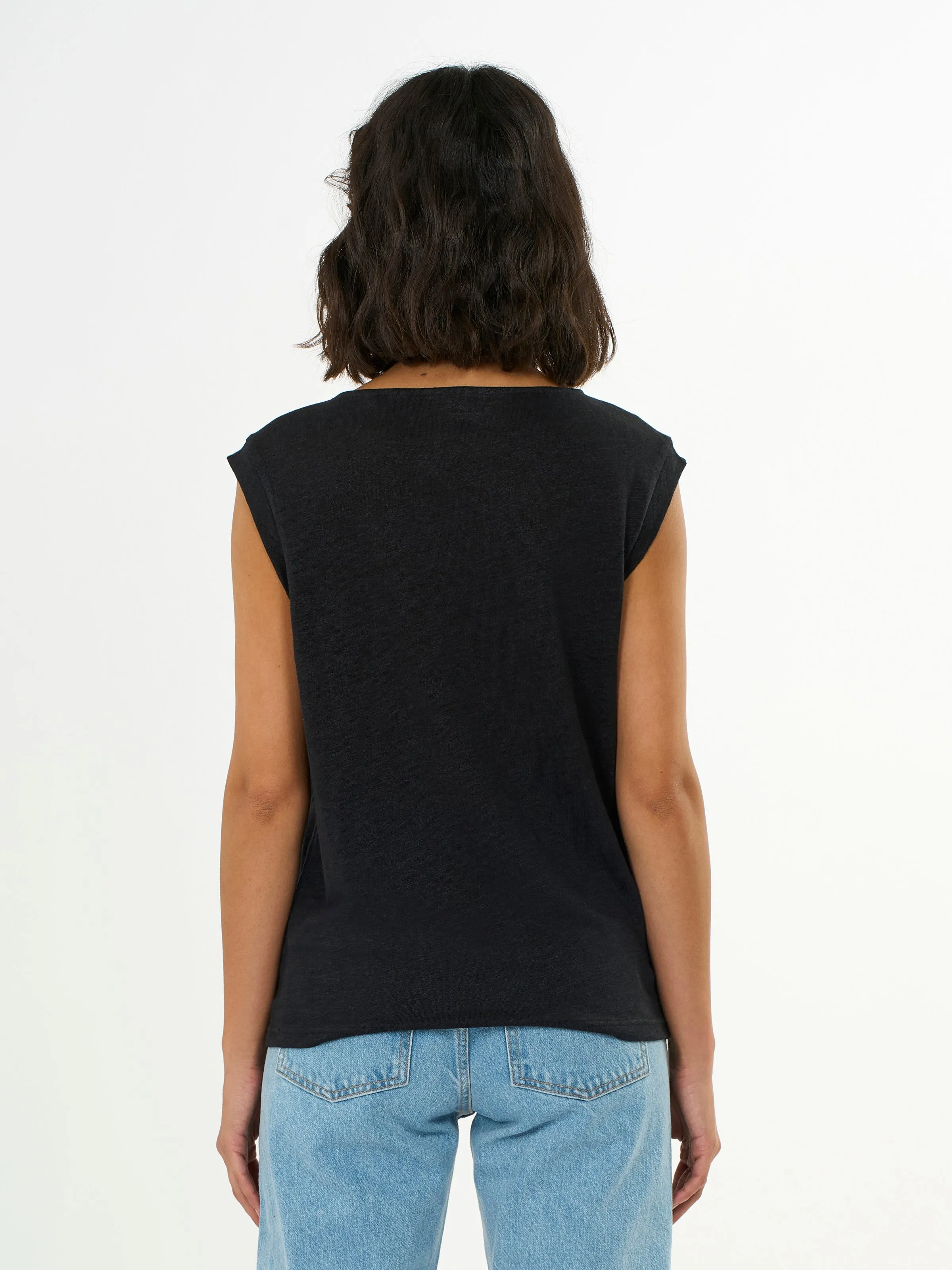 Loose fold up linen t-shirt - Black Jet