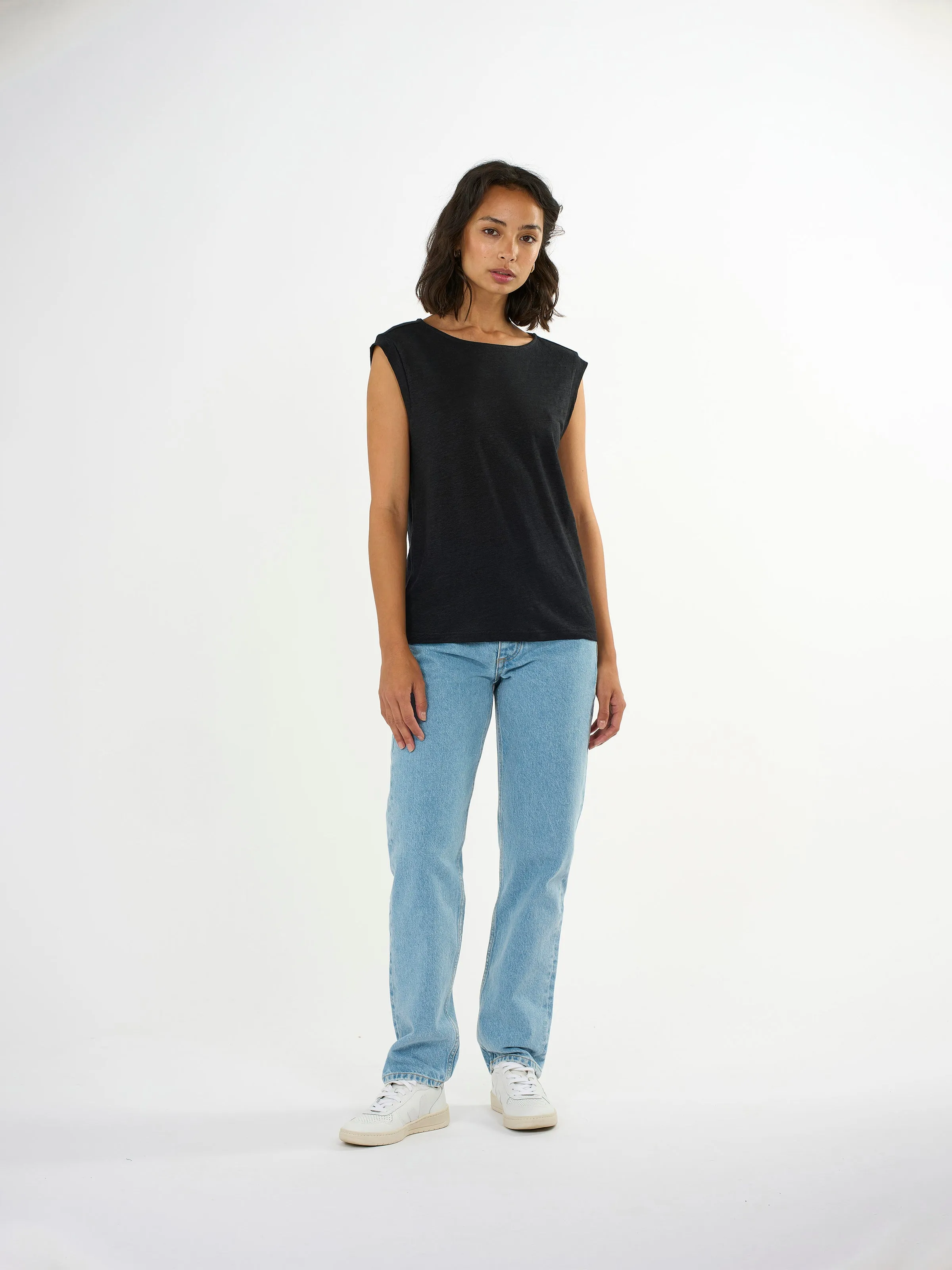 Loose fold up linen t-shirt - Black Jet