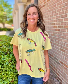 Lure You In Yellow Sequin Fish And Lure Top