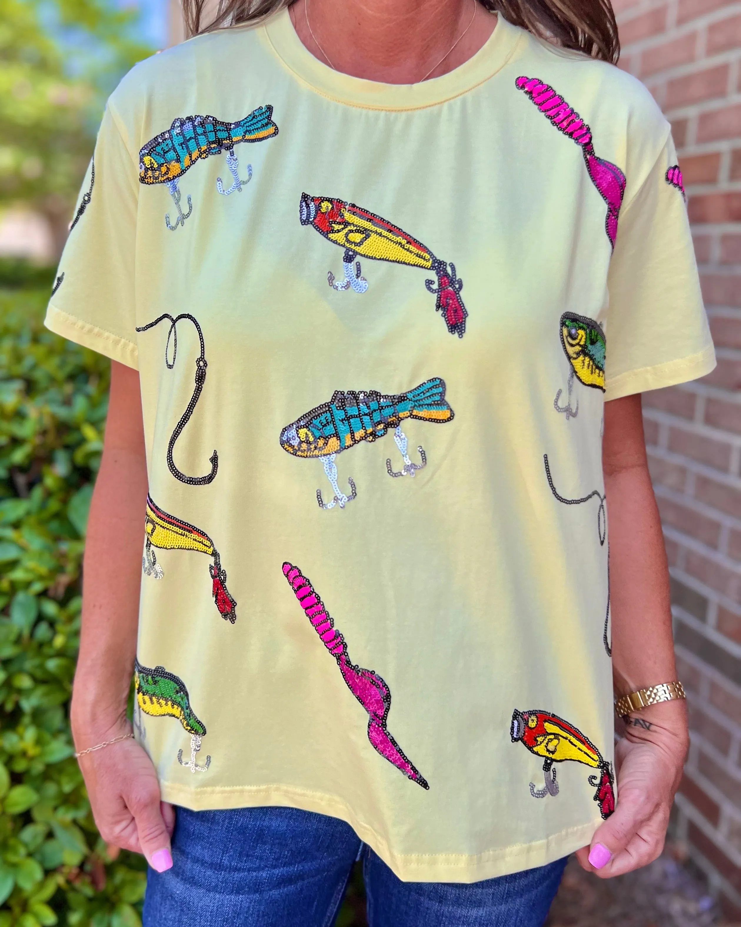 Lure You In Yellow Sequin Fish And Lure Top