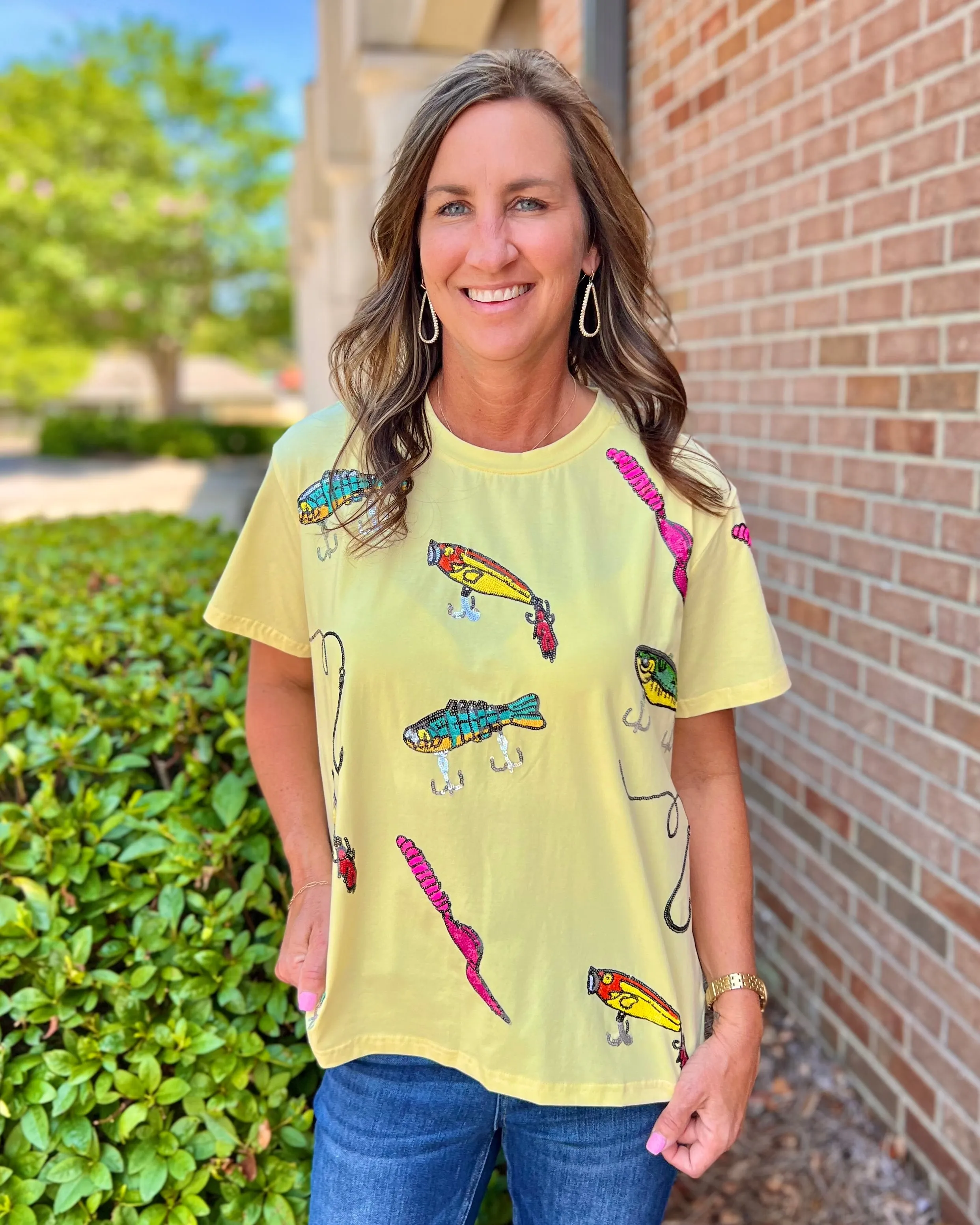 Lure You In Yellow Sequin Fish And Lure Top