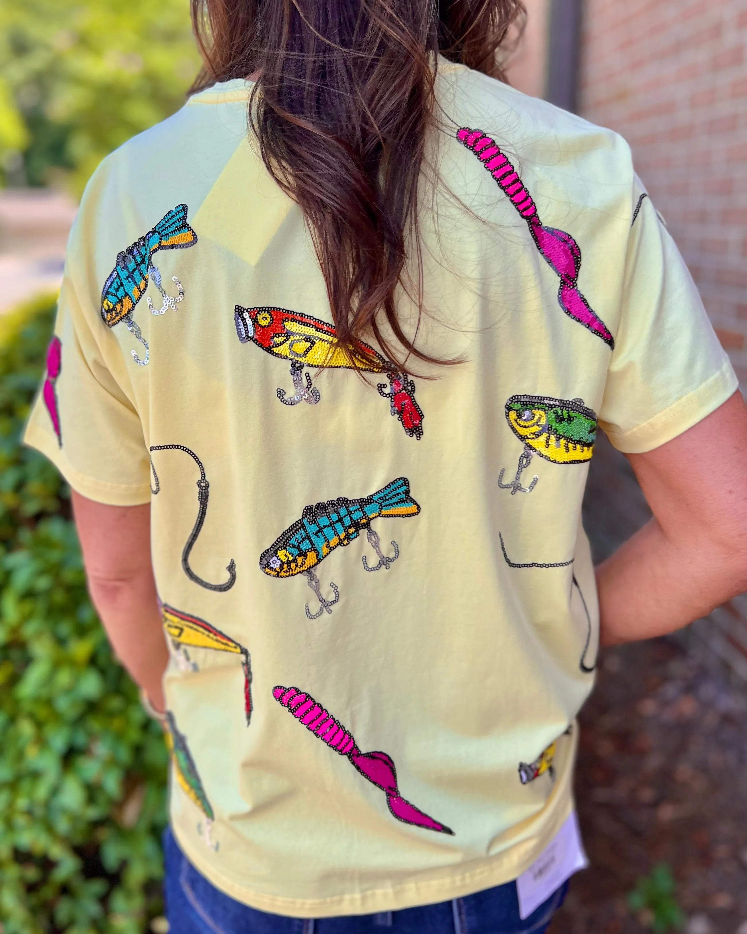 Lure You In Yellow Sequin Fish And Lure Top