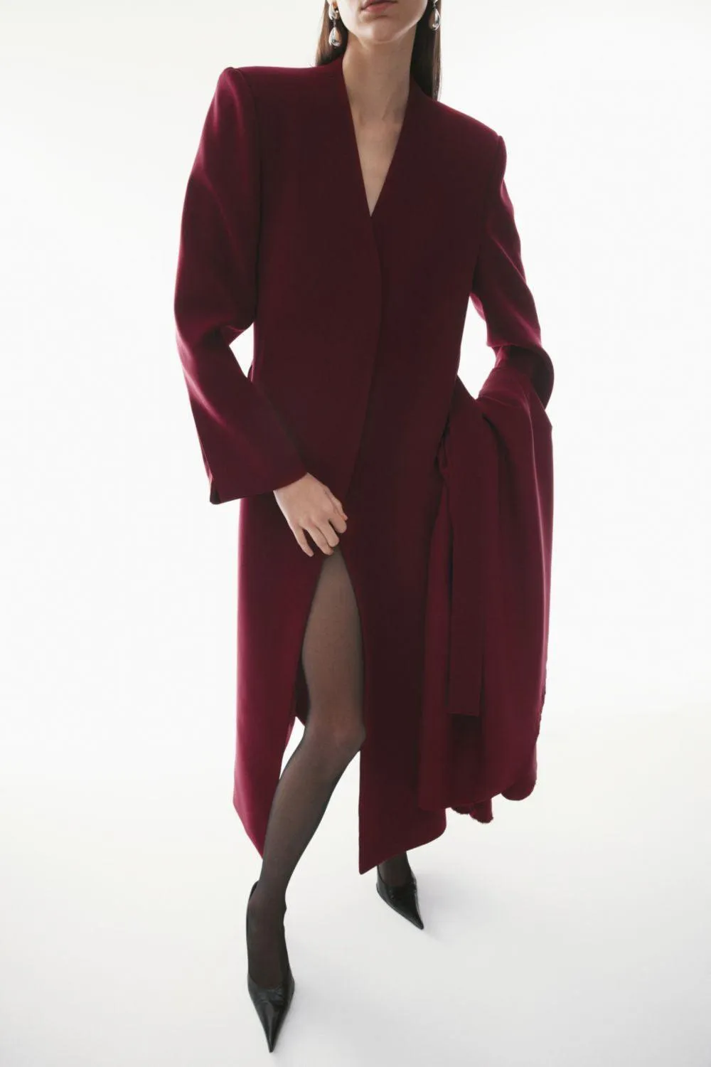 Malena Straight V-Neck Crepe Calf Length Trench Coat