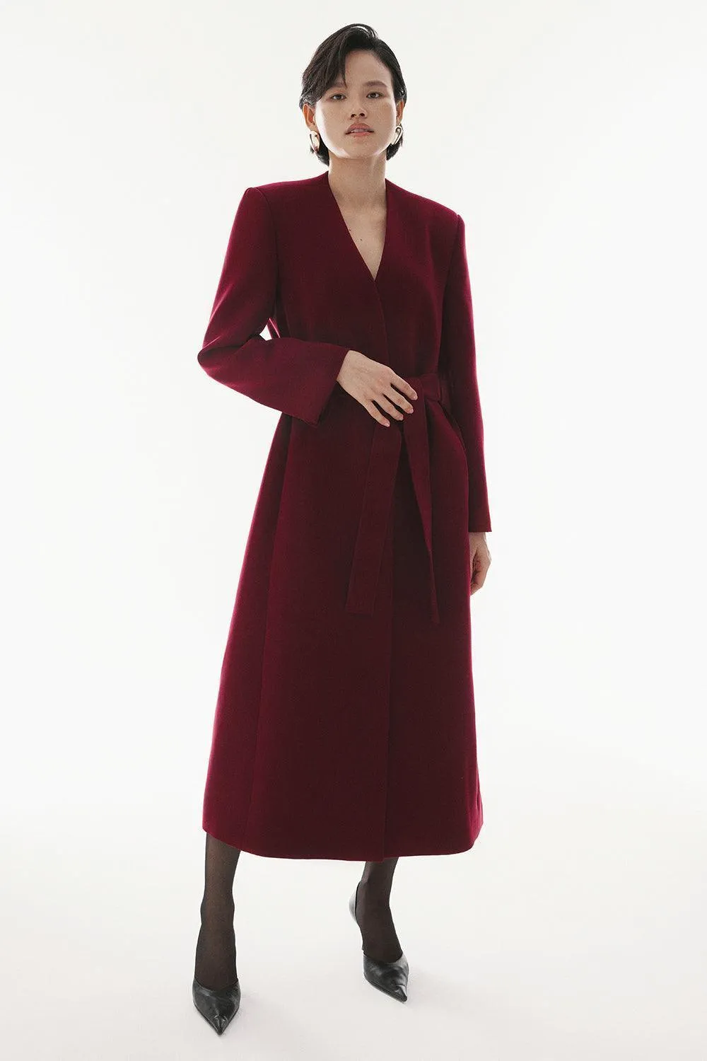 Malena Straight V-Neck Crepe Calf Length Trench Coat