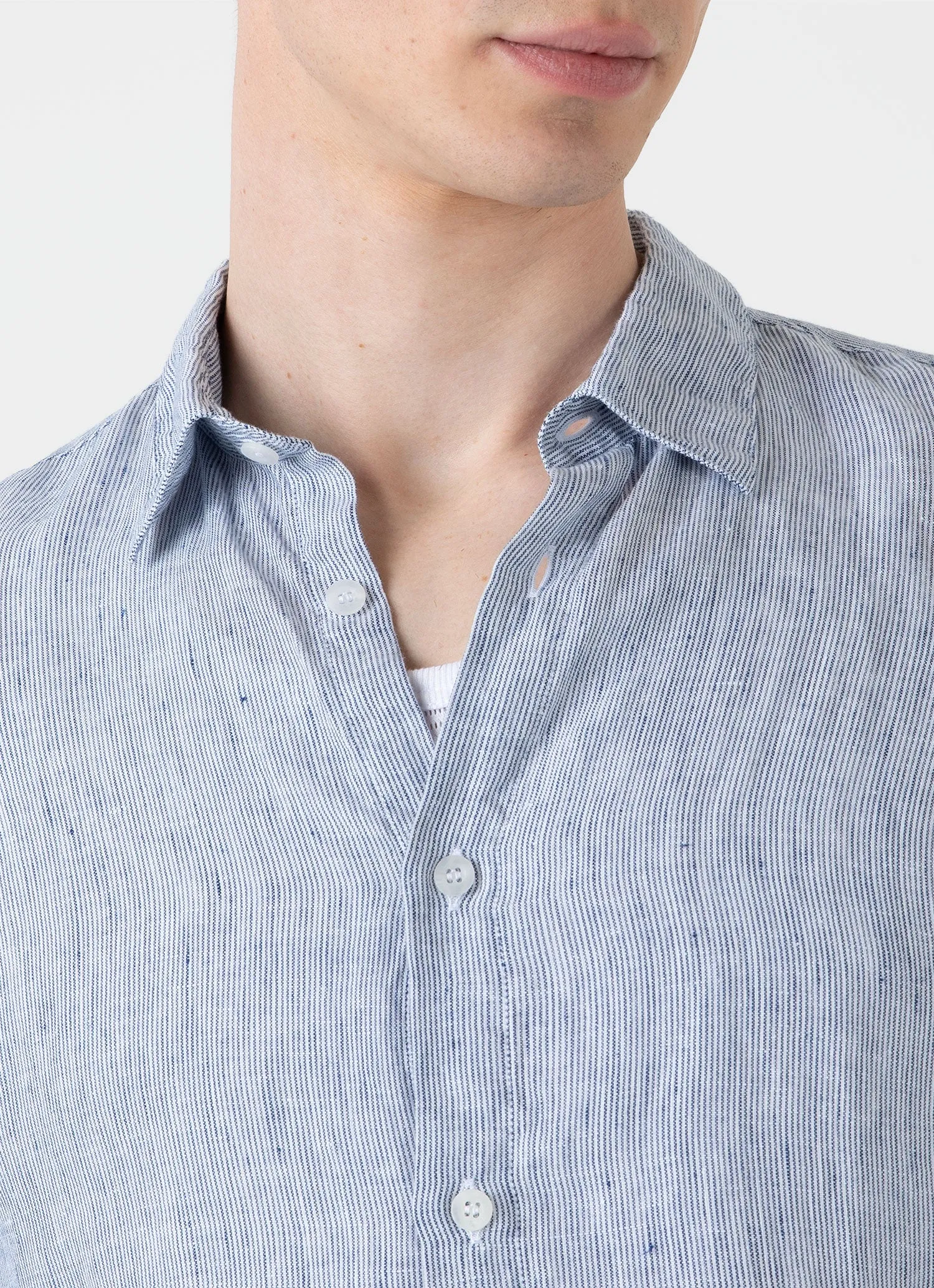 Men's Linen Shirt in White/Navy Micro Stripe