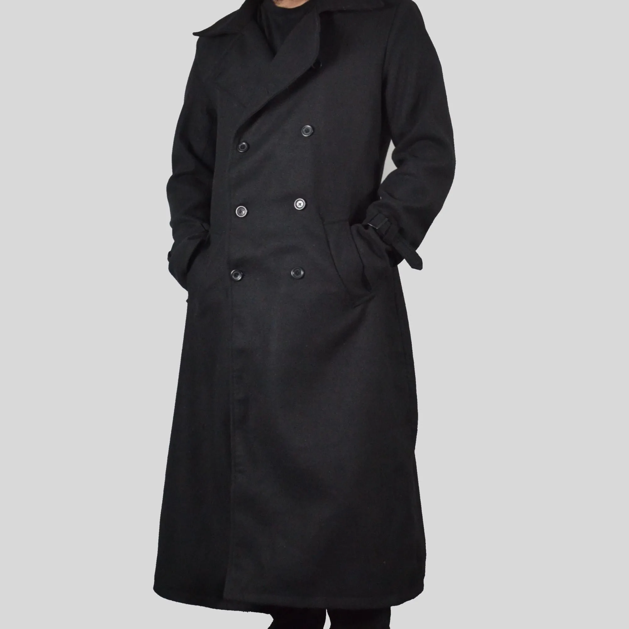 Men's Long Black Double-Breasted Genuine Wool Belted Trench Coat