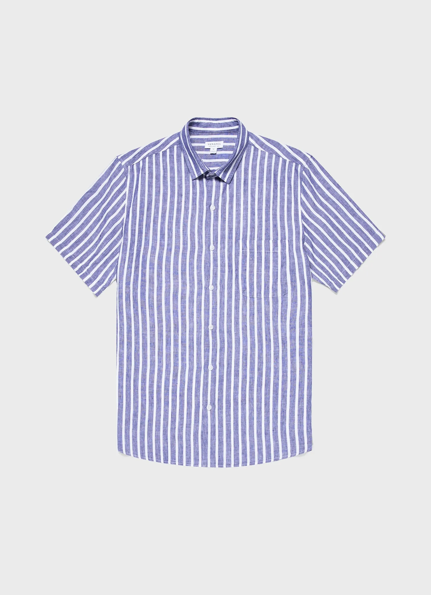 Men's Short Sleeve Linen Shirt in Navy/White