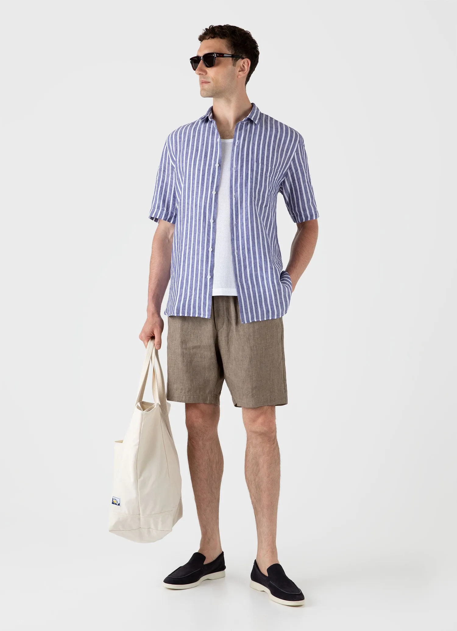 Men's Short Sleeve Linen Shirt in Navy/White