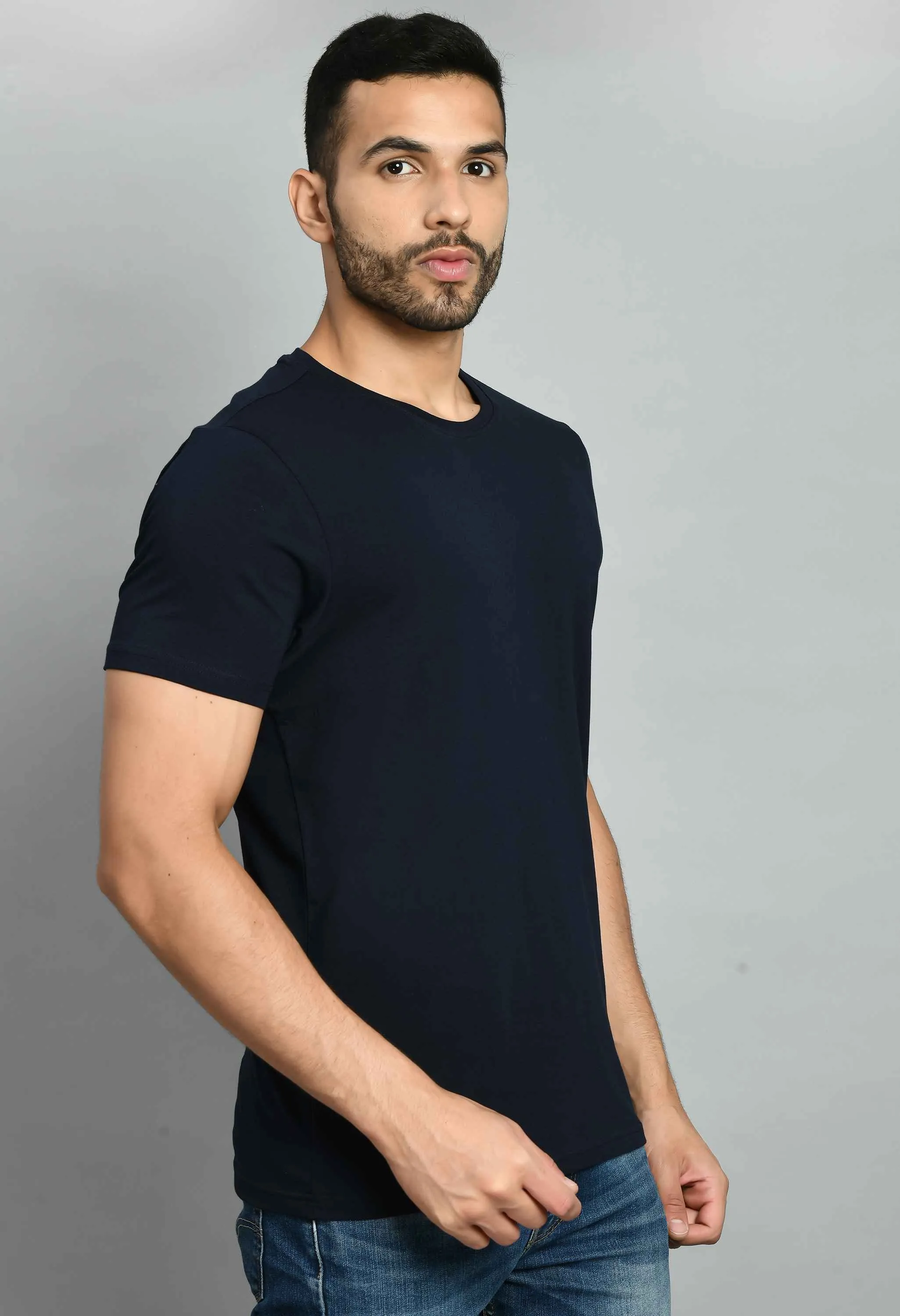 Men's Solid Navy Blue Crew Neck T-Shirt