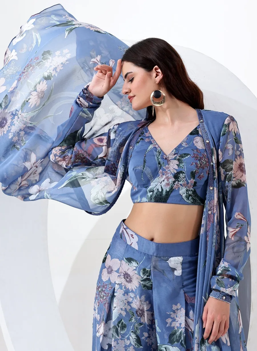 Nantucket Blue Floral Digital Print Crop Top with Pant Style Bottom and Jacket.