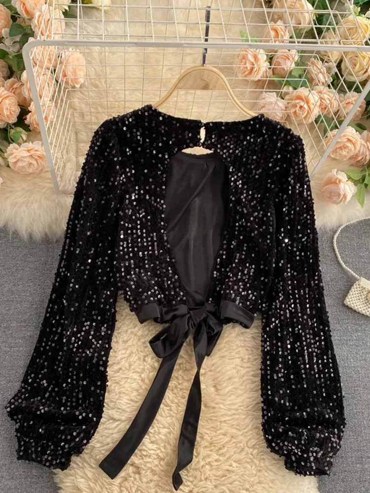 Open Back Long Sleeve Sequin Top