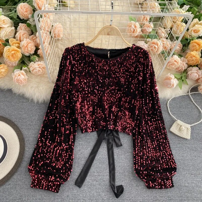 Open Back Long Sleeve Sequin Top