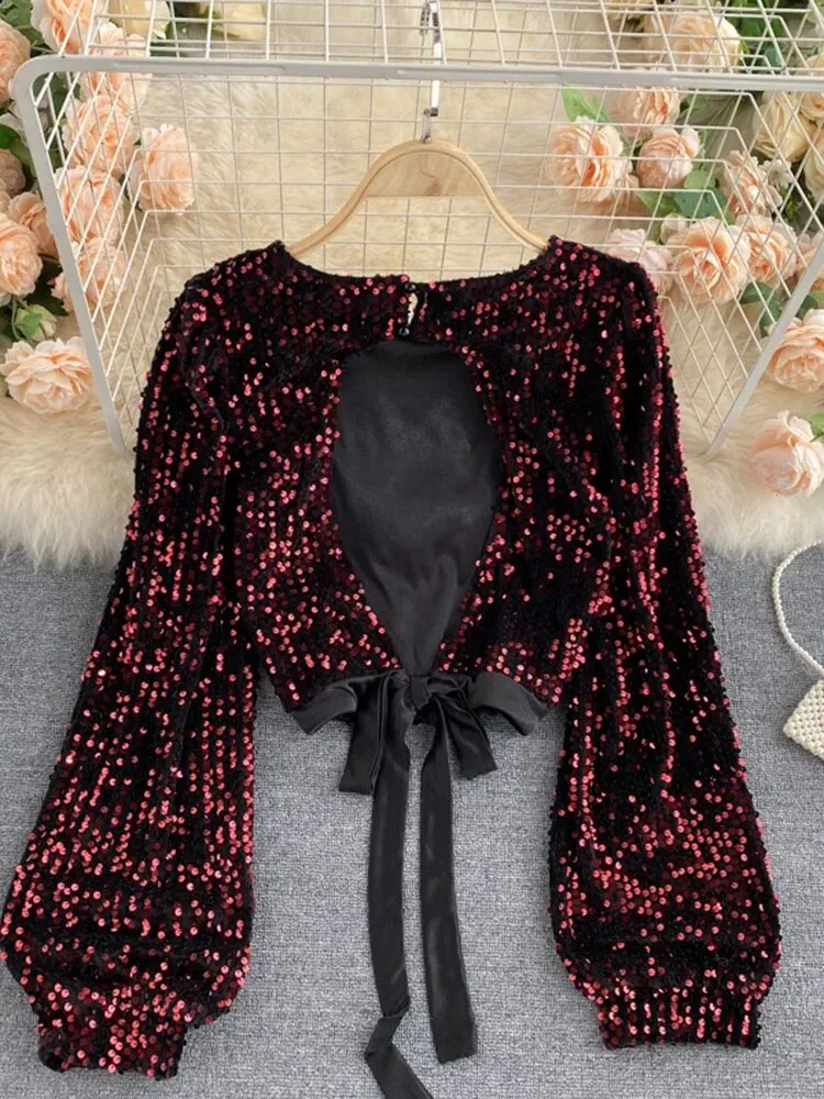 Open Back Long Sleeve Sequin Top