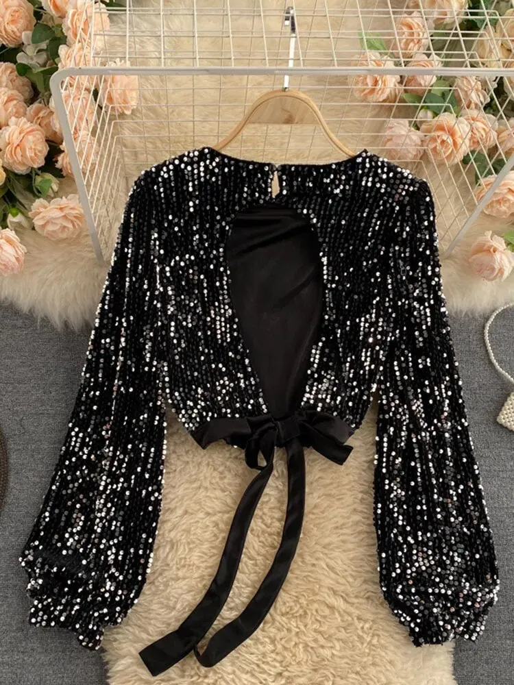 Open Back Long Sleeve Sequin Top