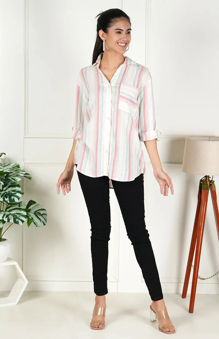 Patel Striped Casual Long Sleeve Stylish V-Neck Shirts with Pocket