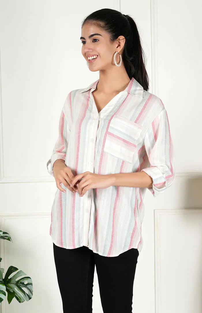 Patel Striped Casual Long Sleeve Stylish V-Neck Shirts with Pocket