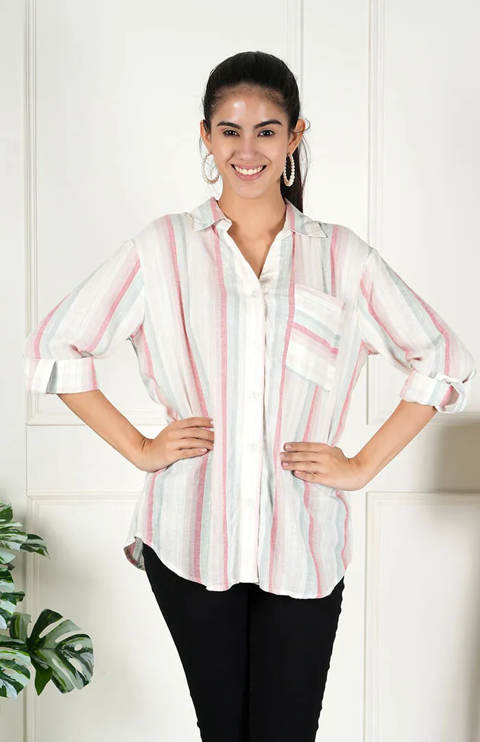 Patel Striped Casual Long Sleeve Stylish V-Neck Shirts with Pocket