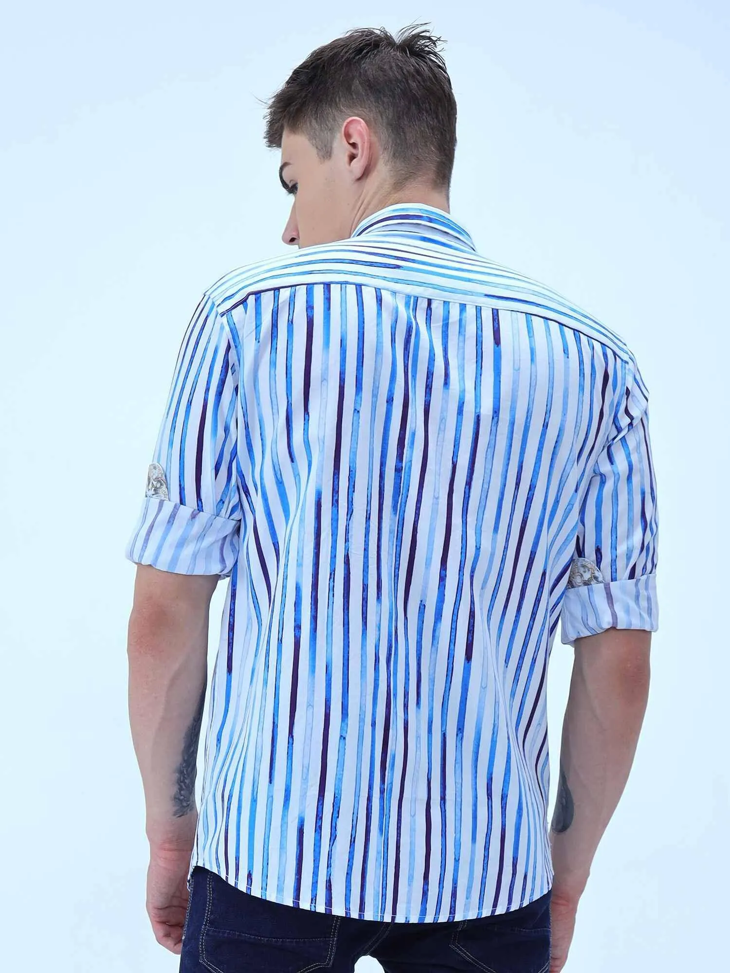 Premium - Cobalt Candy Striped Formal Wear Full Shirt Men's Plus Size