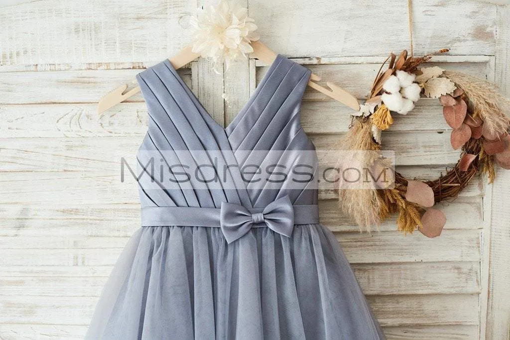 Princess Gray Satin Tulle V Neckline Wedding Flower Girl Dress, Belt