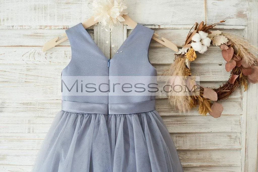 Princess Gray Satin Tulle V Neckline Wedding Flower Girl Dress, Belt