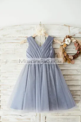 Princess Gray Satin Tulle V Neckline Wedding Flower Girl Dress, Belt