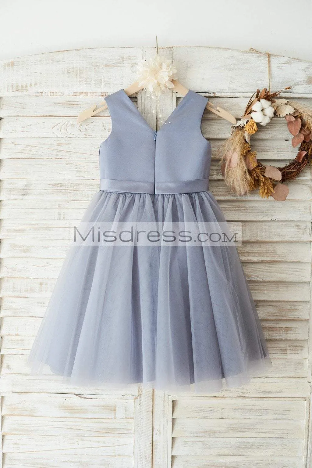 Princess Gray Satin Tulle V Neckline Wedding Flower Girl Dress, Belt