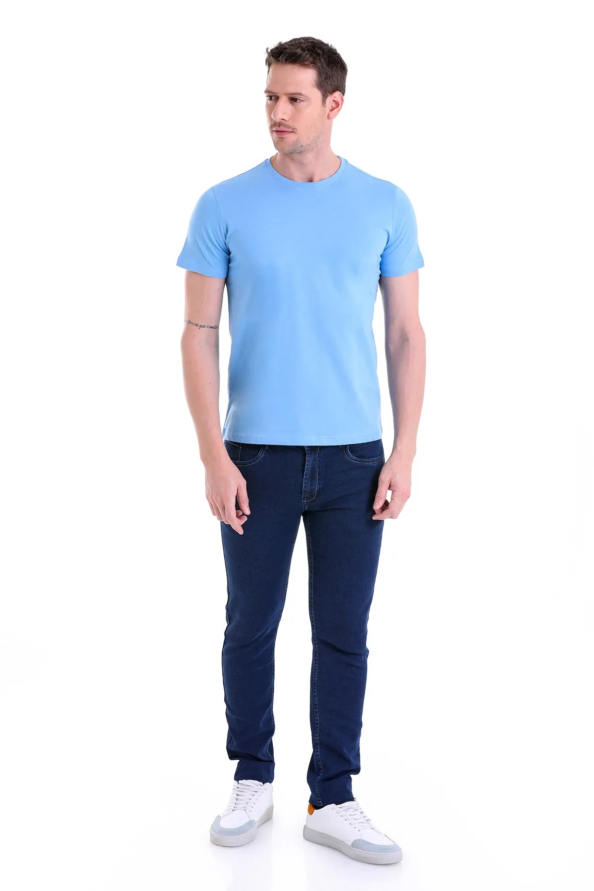 Regular Fit Blue Basic Cotton Crew Neck T-Shirt