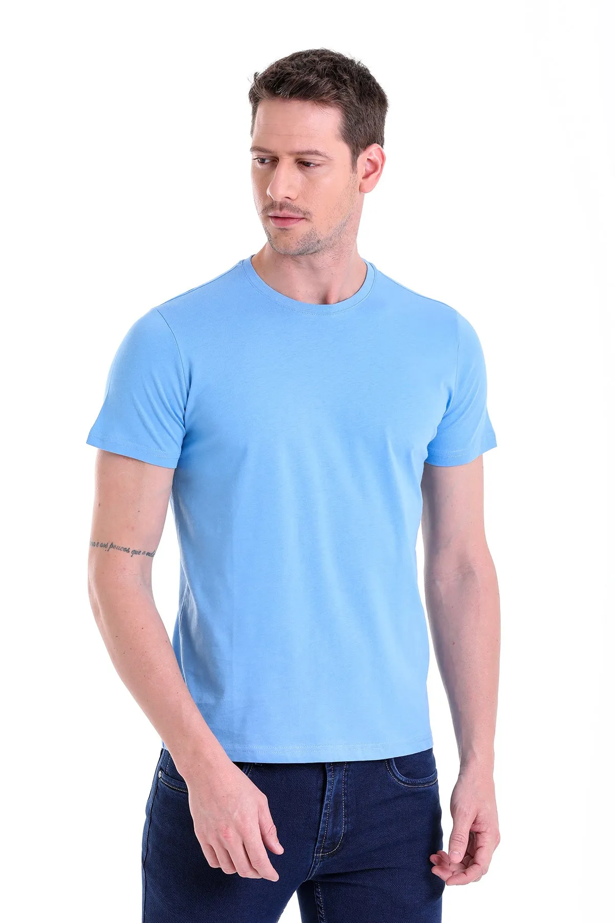 Regular Fit Blue Basic Cotton Crew Neck T-Shirt