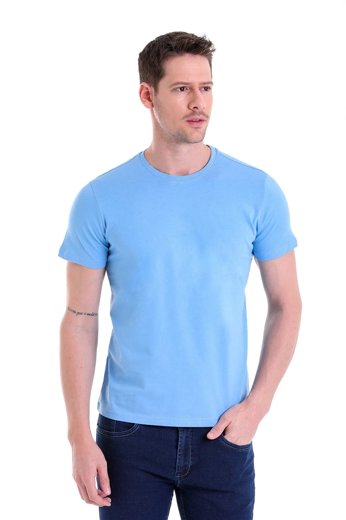 Regular Fit Blue Basic Cotton Crew Neck T-Shirt