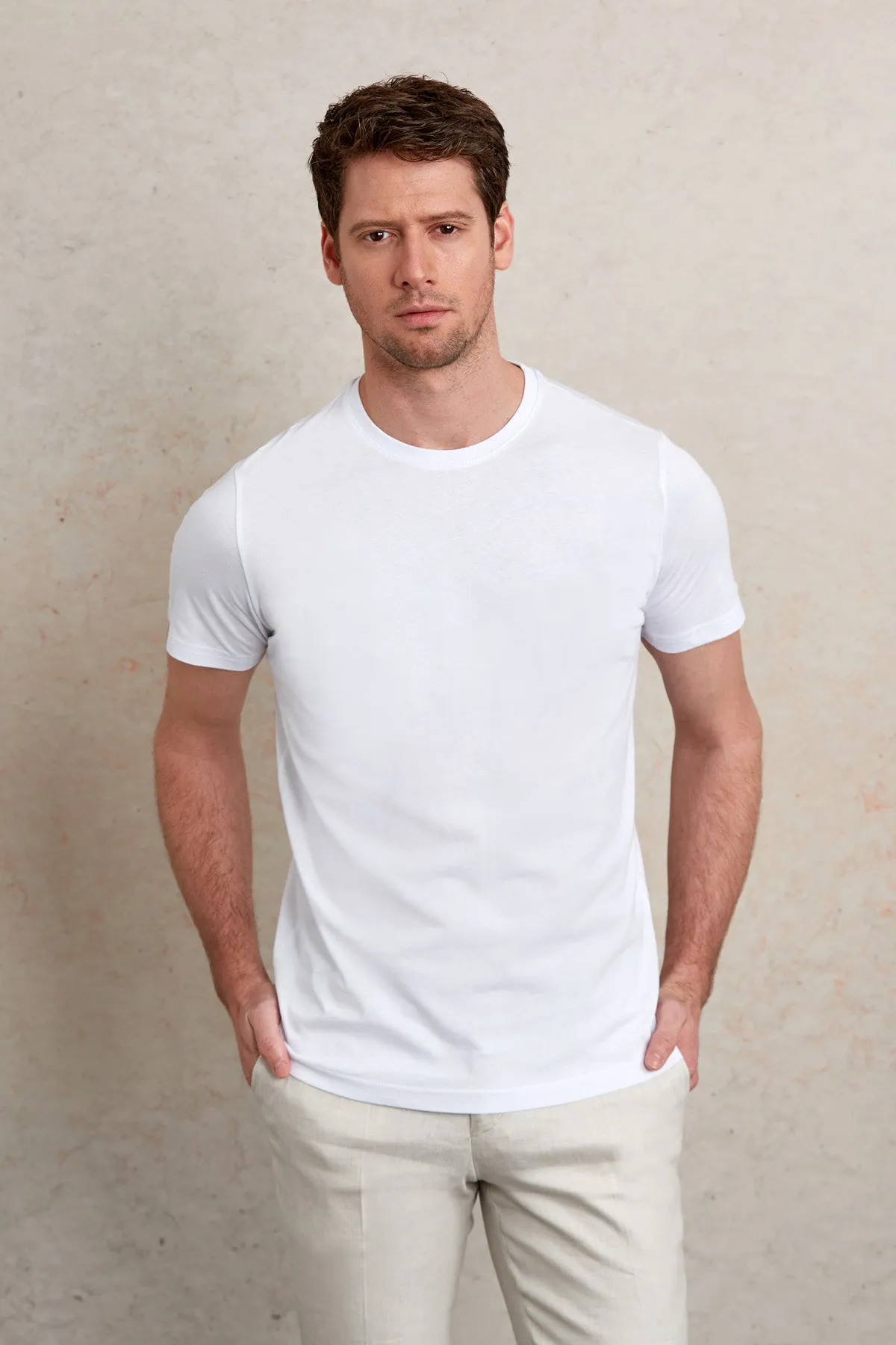 Regular Fit White Basic Cotton Crew Neck T-Shirt