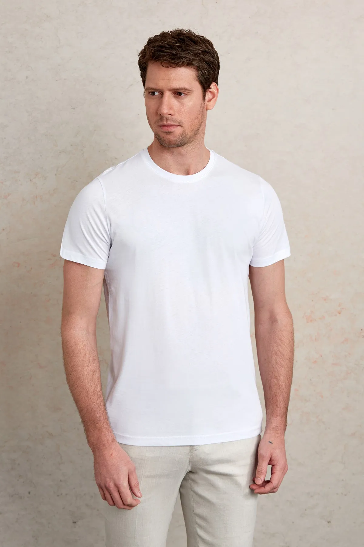 Regular Fit White Basic Cotton Crew Neck T-Shirt