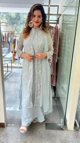 RFSS1118 - Heavy Party Wear Heavy Embroidered Jacket Style  suit in Gray with Floor length Chiffon Kurta. Comes with Palazzo and Dupatta