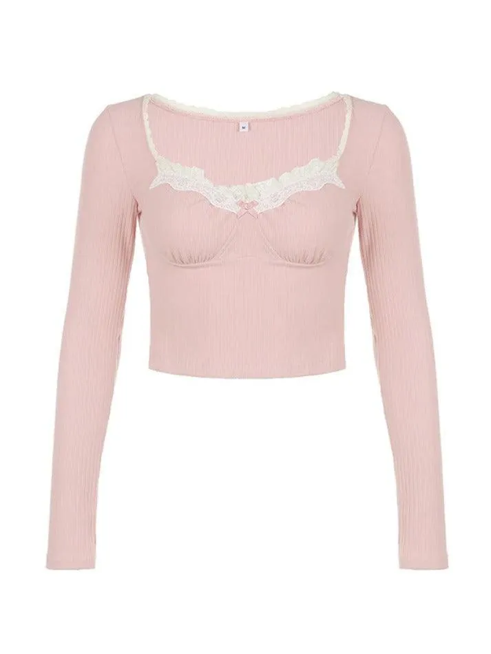 Ribbed Lace Trim Splice Slim Long Sleeve Knit