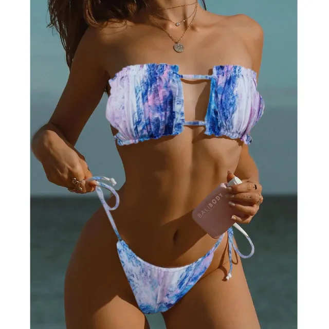 Sexy Solid Pleated Bandeau Low Waist Bikini Set