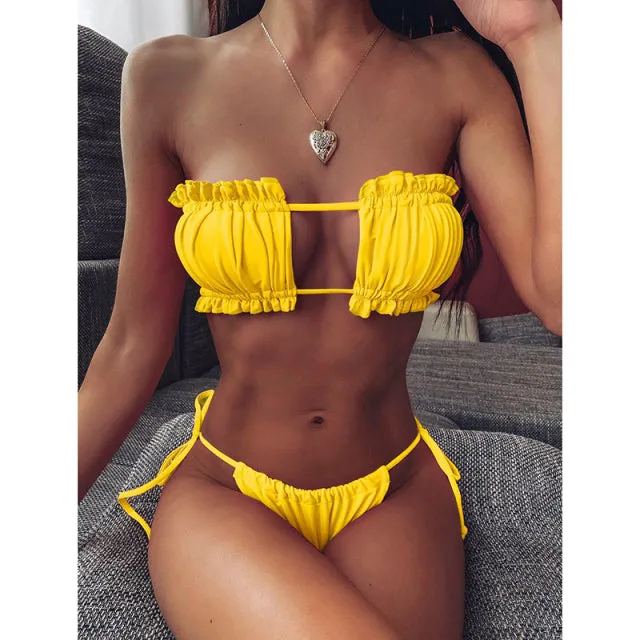 Sexy Solid Pleated Bandeau Low Waist Bikini Set