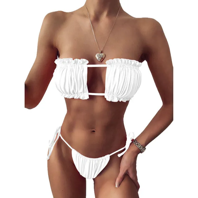 Sexy Solid Pleated Bandeau Low Waist Bikini Set