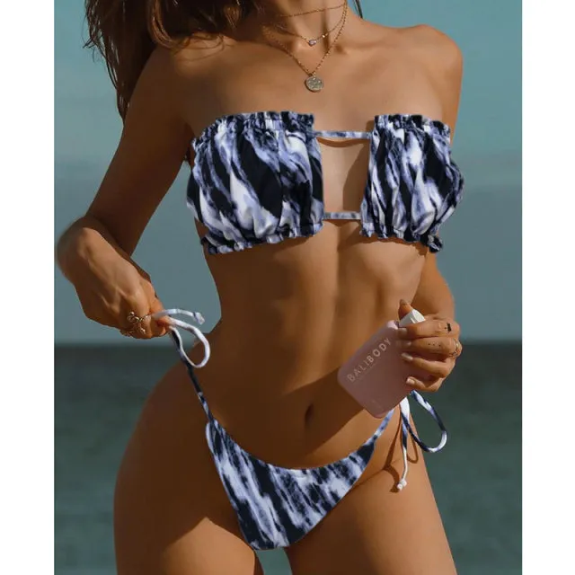 Sexy Solid Pleated Bandeau Low Waist Bikini Set