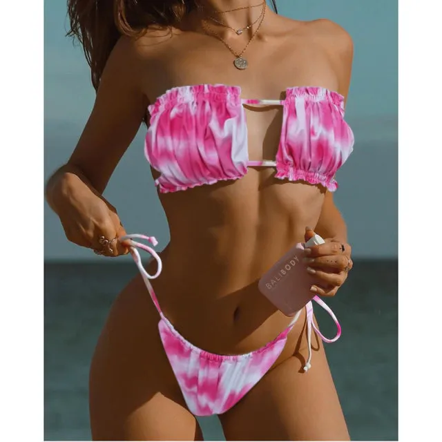 Sexy Solid Pleated Bandeau Low Waist Bikini Set