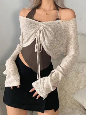 Short Lace Up V Neck Long Sleeve Knit