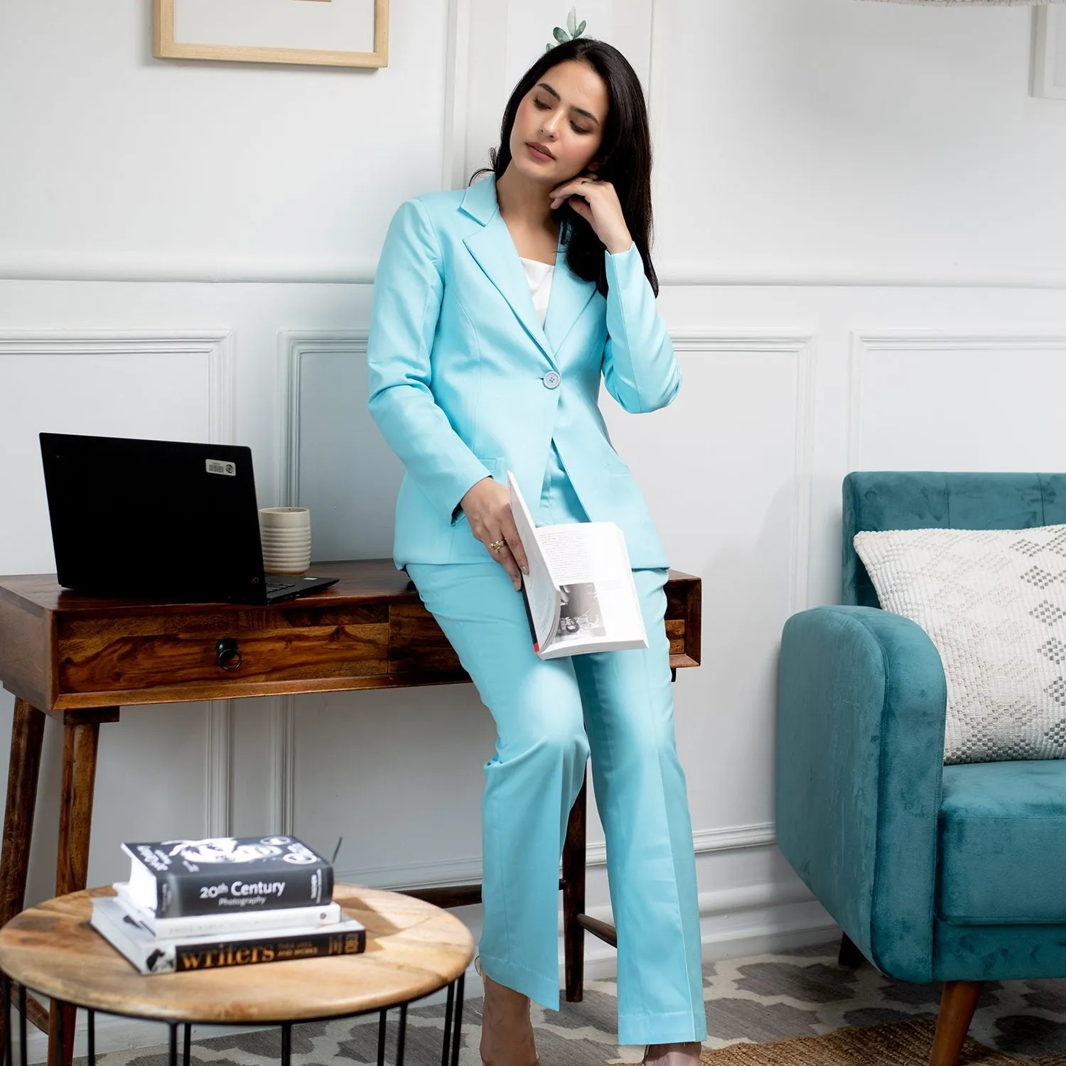 Sky Blue Cotton Women's Pant Suit