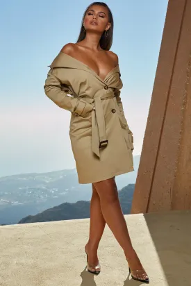 So Over You Bardot Trench Coat Dress in Beige