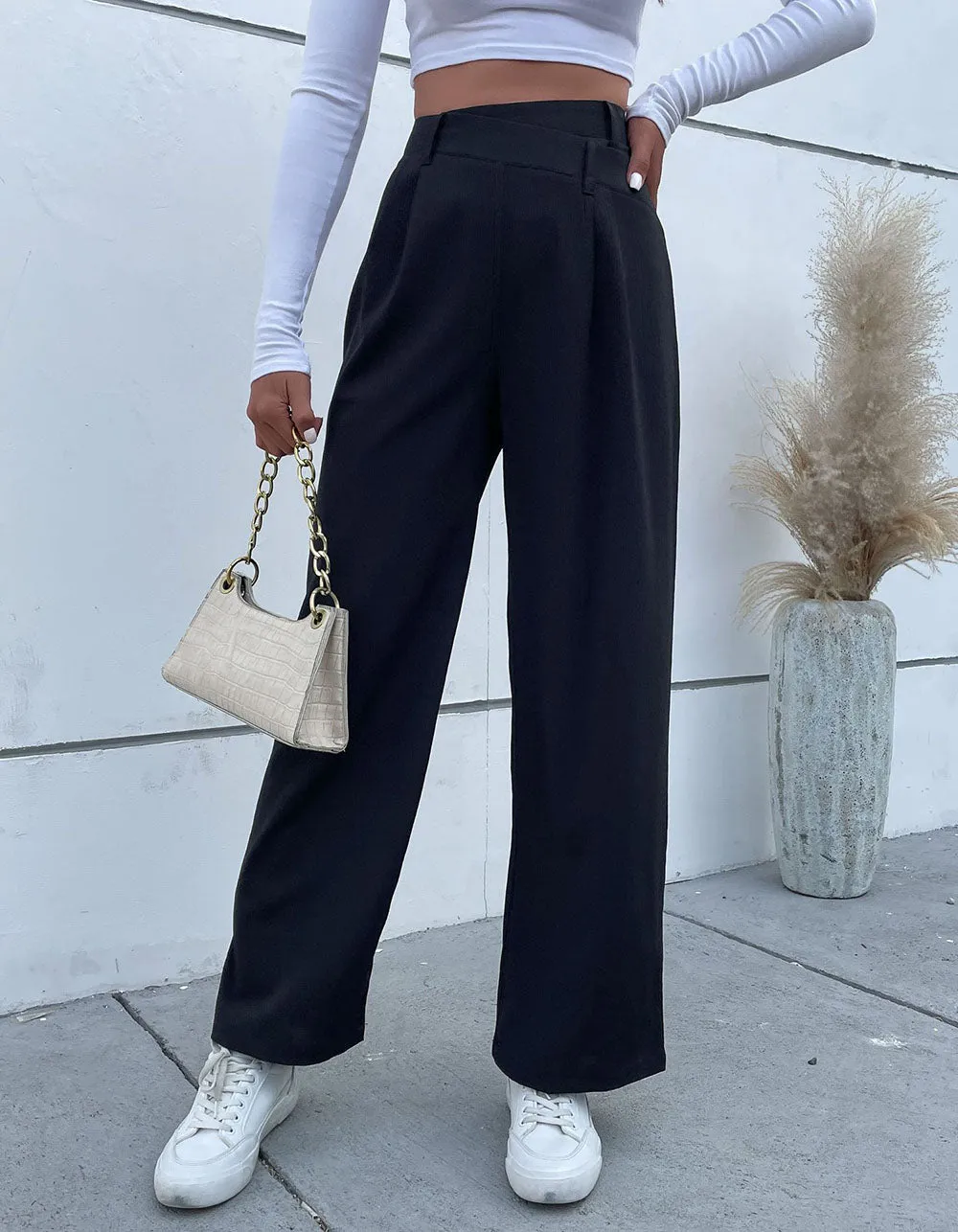 Solid-color Asymmetrical Wide-Leg Pants