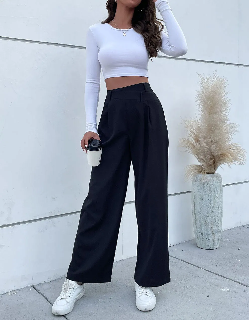 Solid-color Asymmetrical Wide-Leg Pants