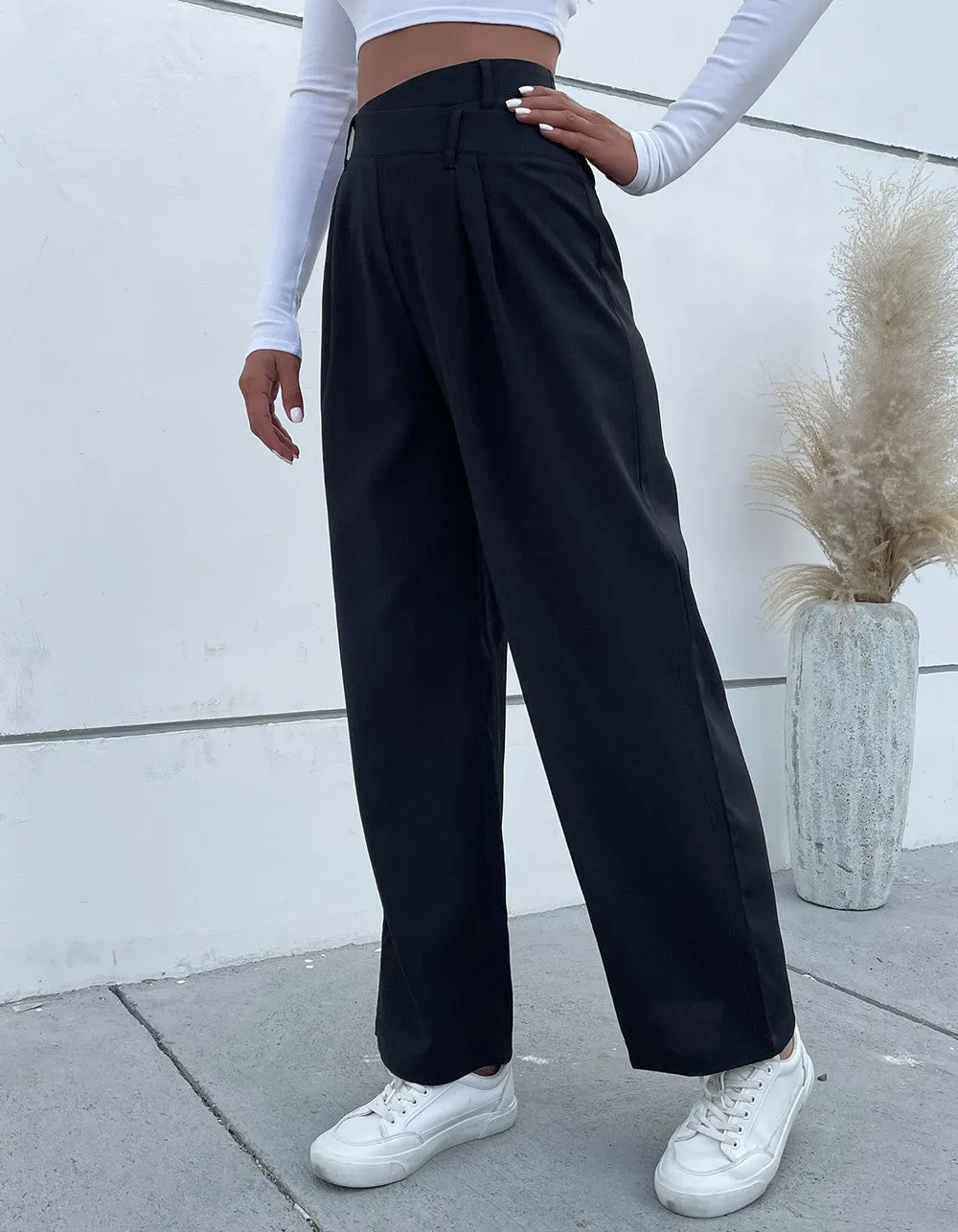 Solid-color Asymmetrical Wide-Leg Pants