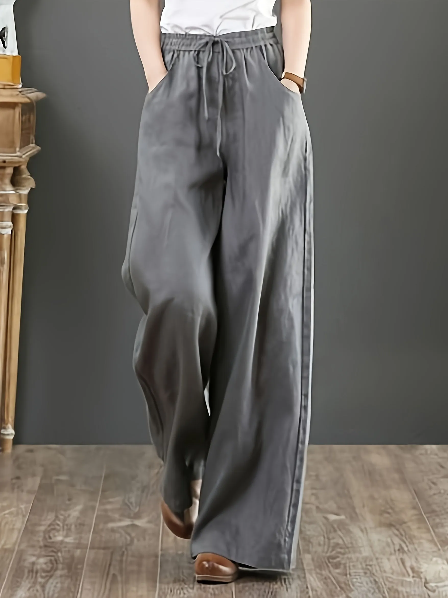 Solid Color Literary Cotton Linen Wide Leg Pants