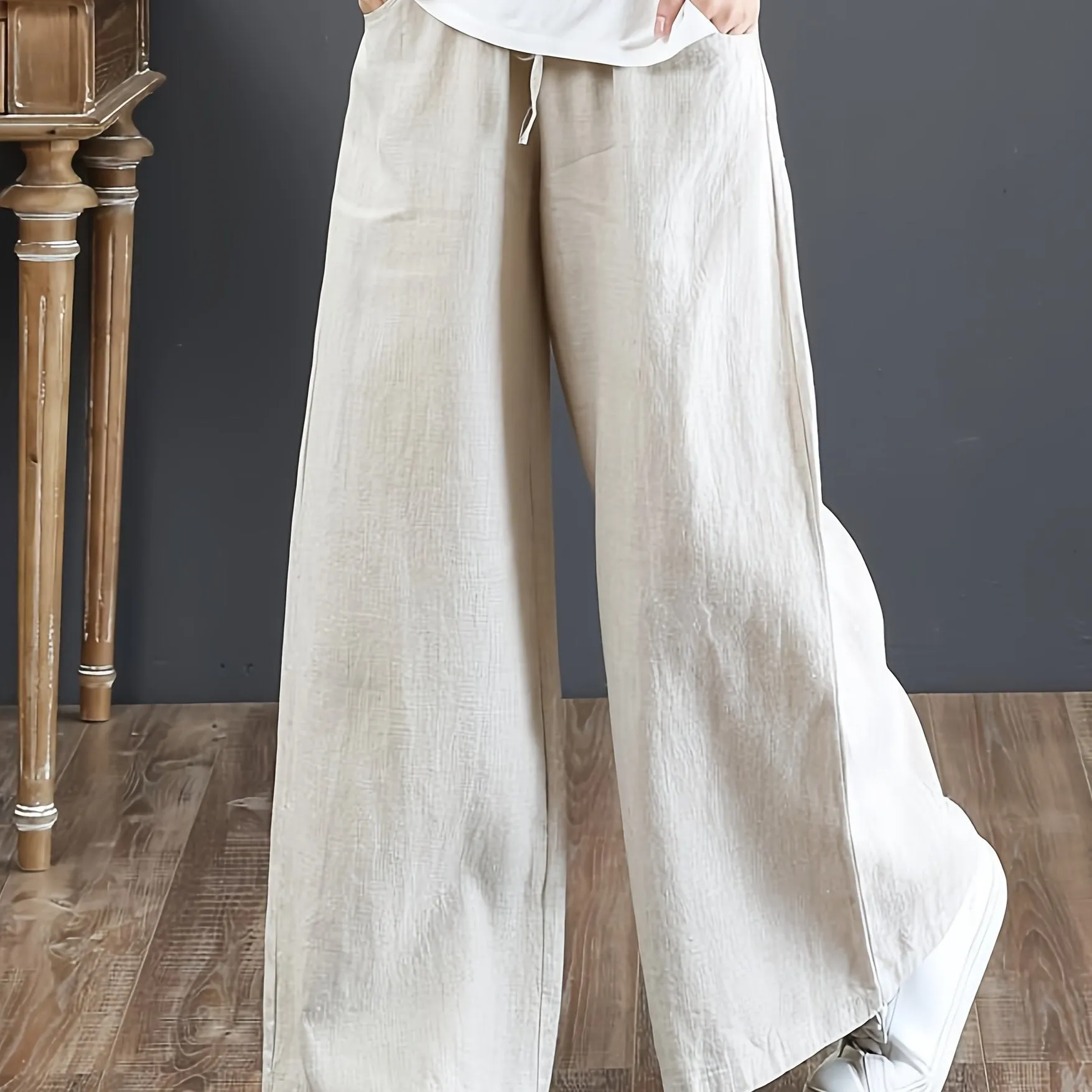 Solid Color Literary Cotton Linen Wide Leg Pants