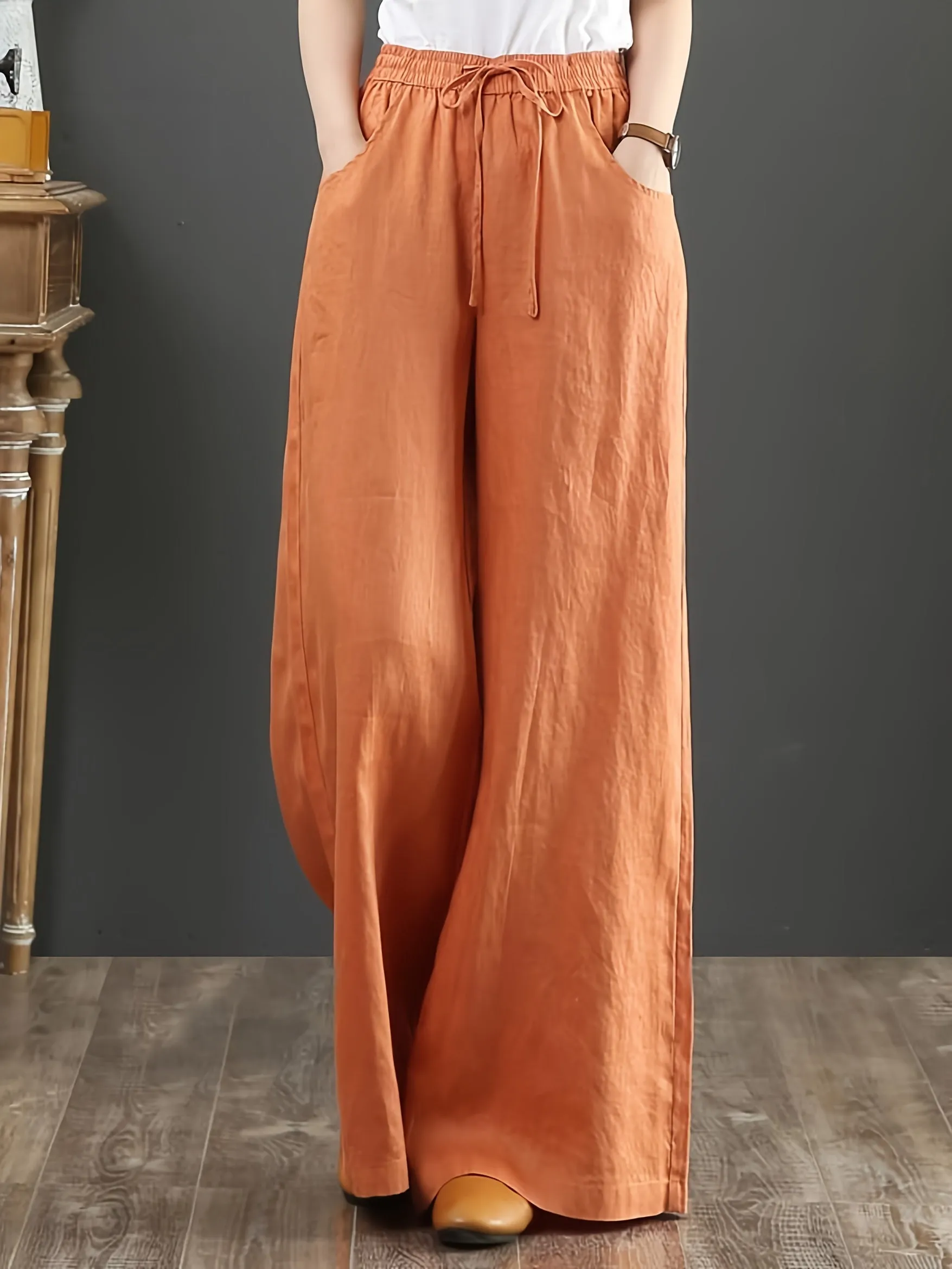 Solid Color Literary Cotton Linen Wide Leg Pants