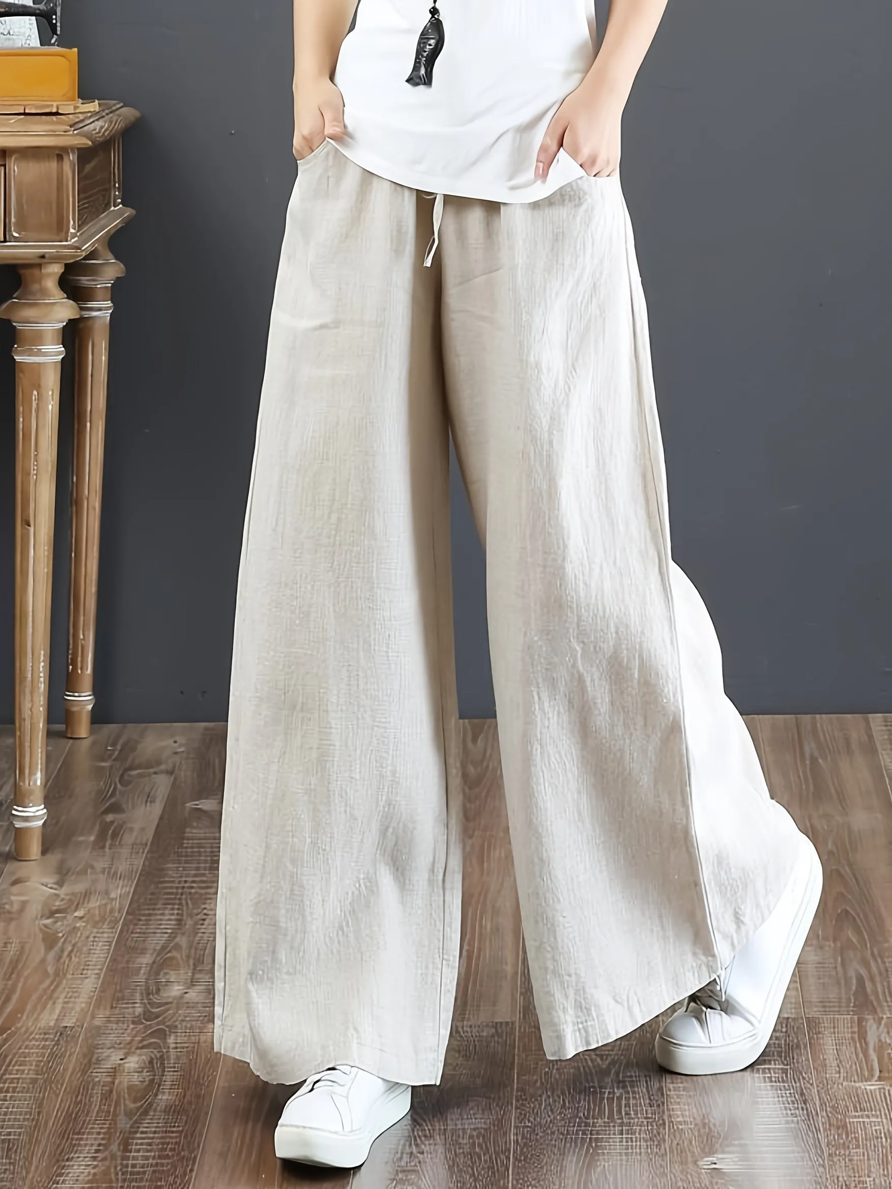 Solid Color Literary Cotton Linen Wide Leg Pants