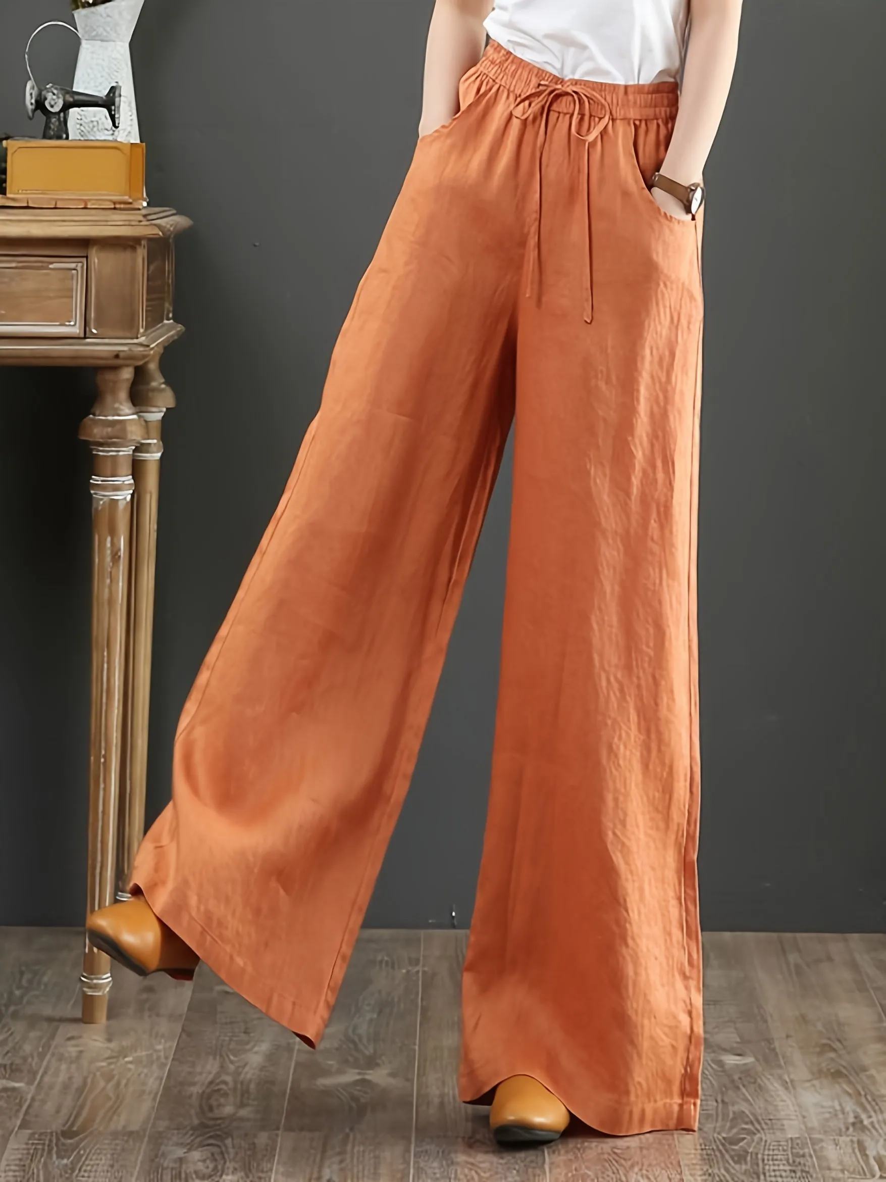 Solid Color Literary Cotton Linen Wide Leg Pants