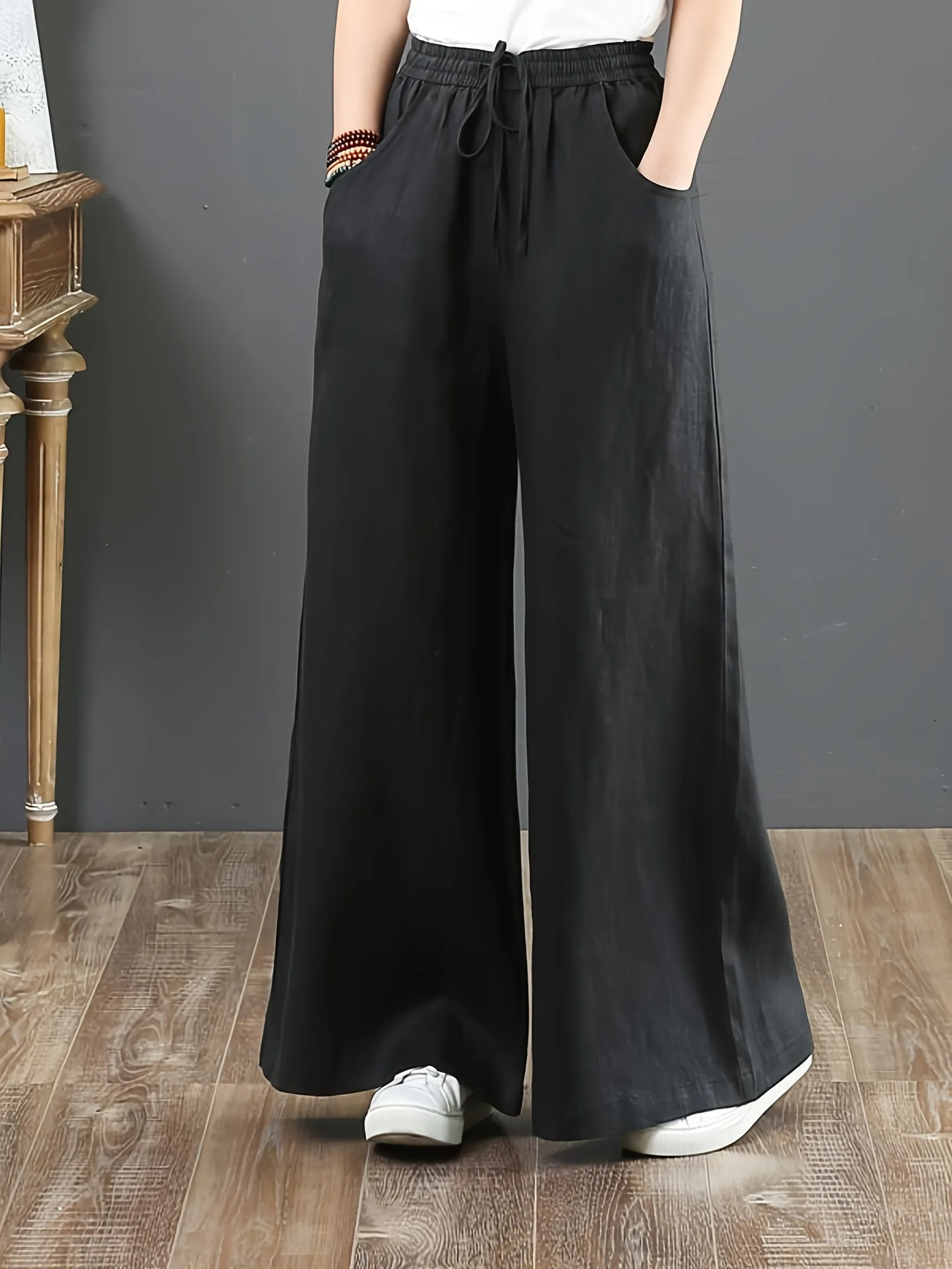 Solid Color Literary Cotton Linen Wide Leg Pants